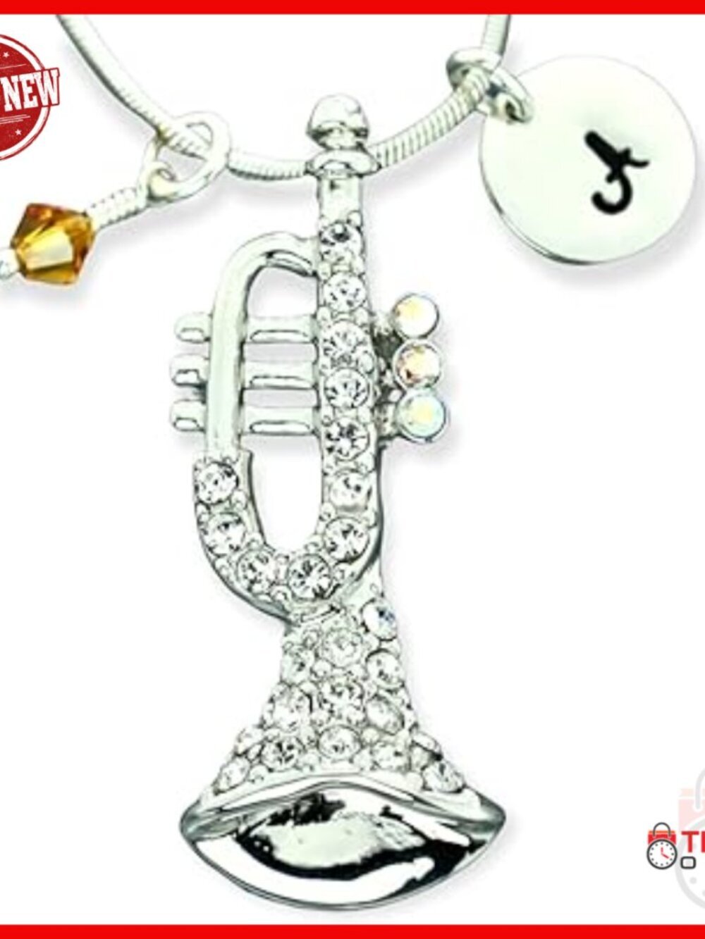 Personalized Trumpet Pendant Necklace with Birthstone Charm, Sterling Silver